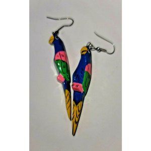 Dangle Wooden Parrot Earrings Handmade Carved & Painted 3" Tropical Birds Set